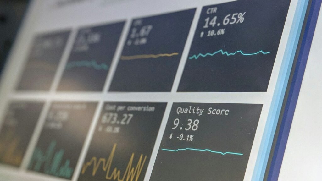 Analytics dashboard showing click-through rate and quality score figures